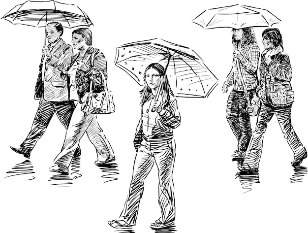 Bocetos de gente casual bajo paraguas bajo la lluvia