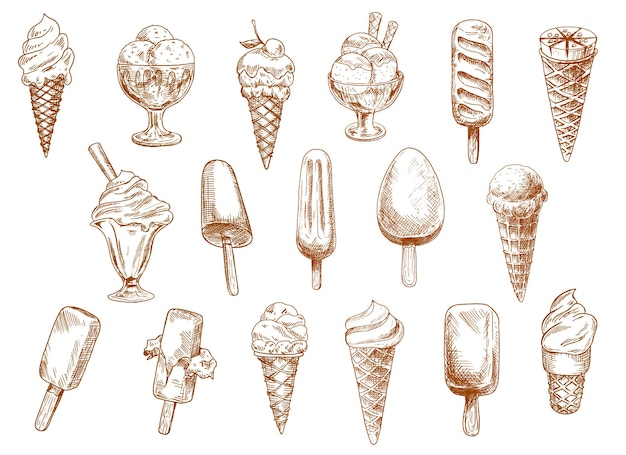 Vector bocetos de helado de helado, helado y sorbete