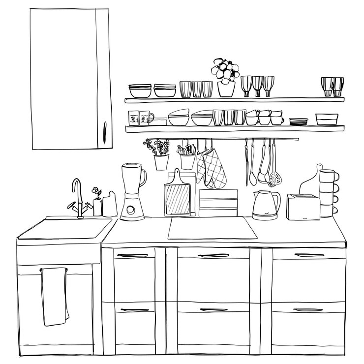 Bocetos interiores de cocina dibujo a mano vista frontal Contorno ilustración vectorial muebles y equipos de cocina Armario estantes platos lámpara de mesa reloj grúa lavavajillas nevera microondas