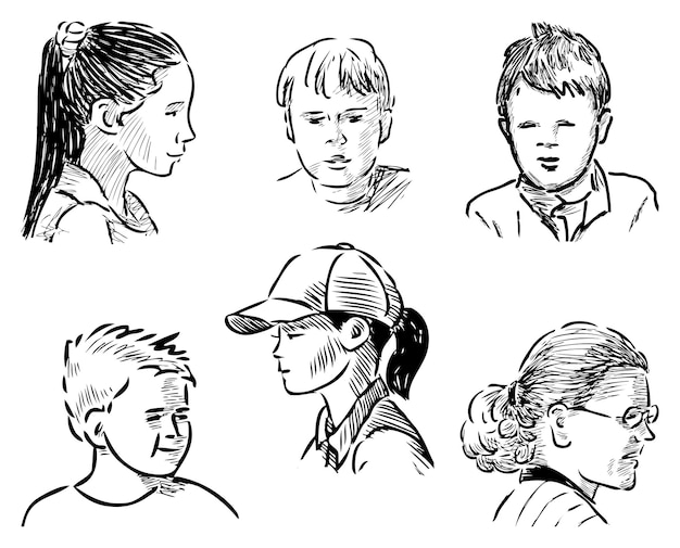 Bocetos de retratos de varios adolescentes y niños.