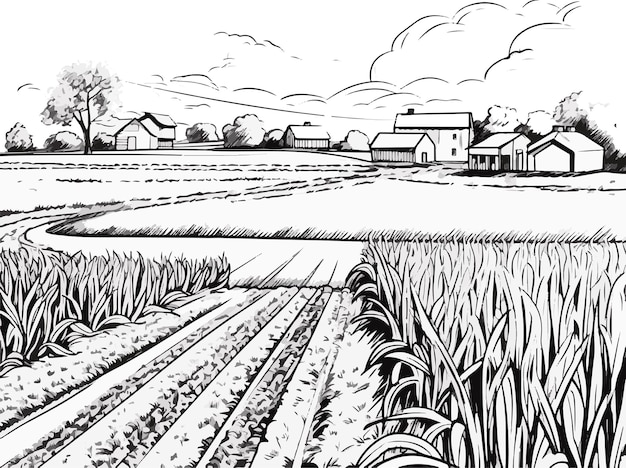 Bocetos Tranquilidad Arte a lápiz Exhibición de casas de campo de granjeros Ganado y vida serena