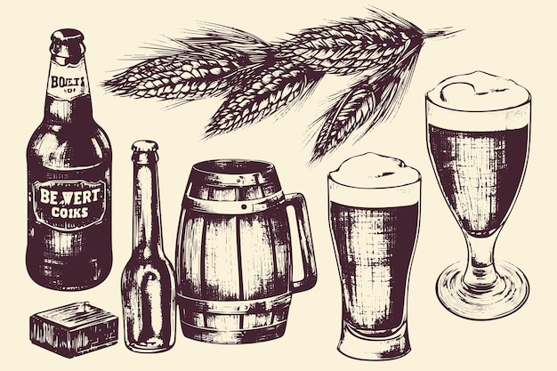 Vector bocetos vectoriales dibujados a mano de varios objetos relacionados con la cerveza