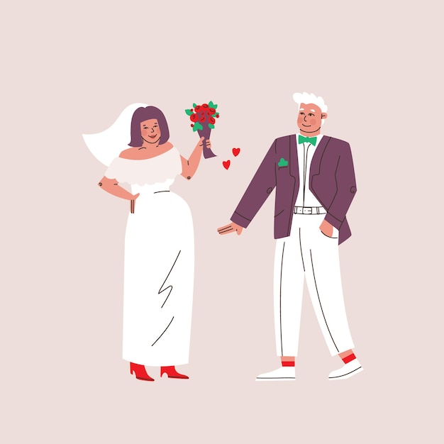 Boda de hombres y mujeres jóvenes. La novia y el novio embarazadas en un traje y sosteniendo flores, aniversario de bodas. Lindas ilustraciones vectoriales aisladas.