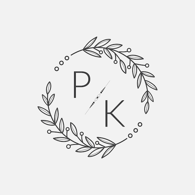 La boda inicial del monograma PK con la línea del círculo creativo