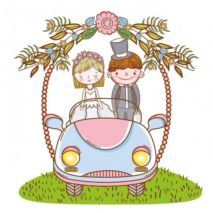 Vector boda de mujer y hombre en el coche con plantas de flores.