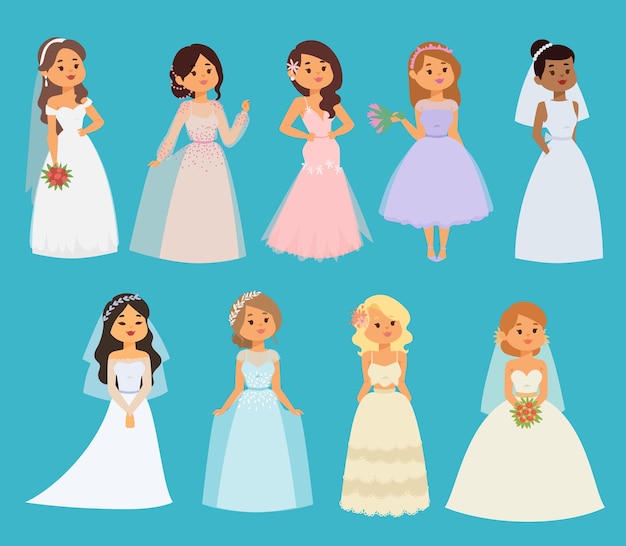 Boda novias niña personajes vestido blanco ilustración celebración moda mujer niña de dibujos animados