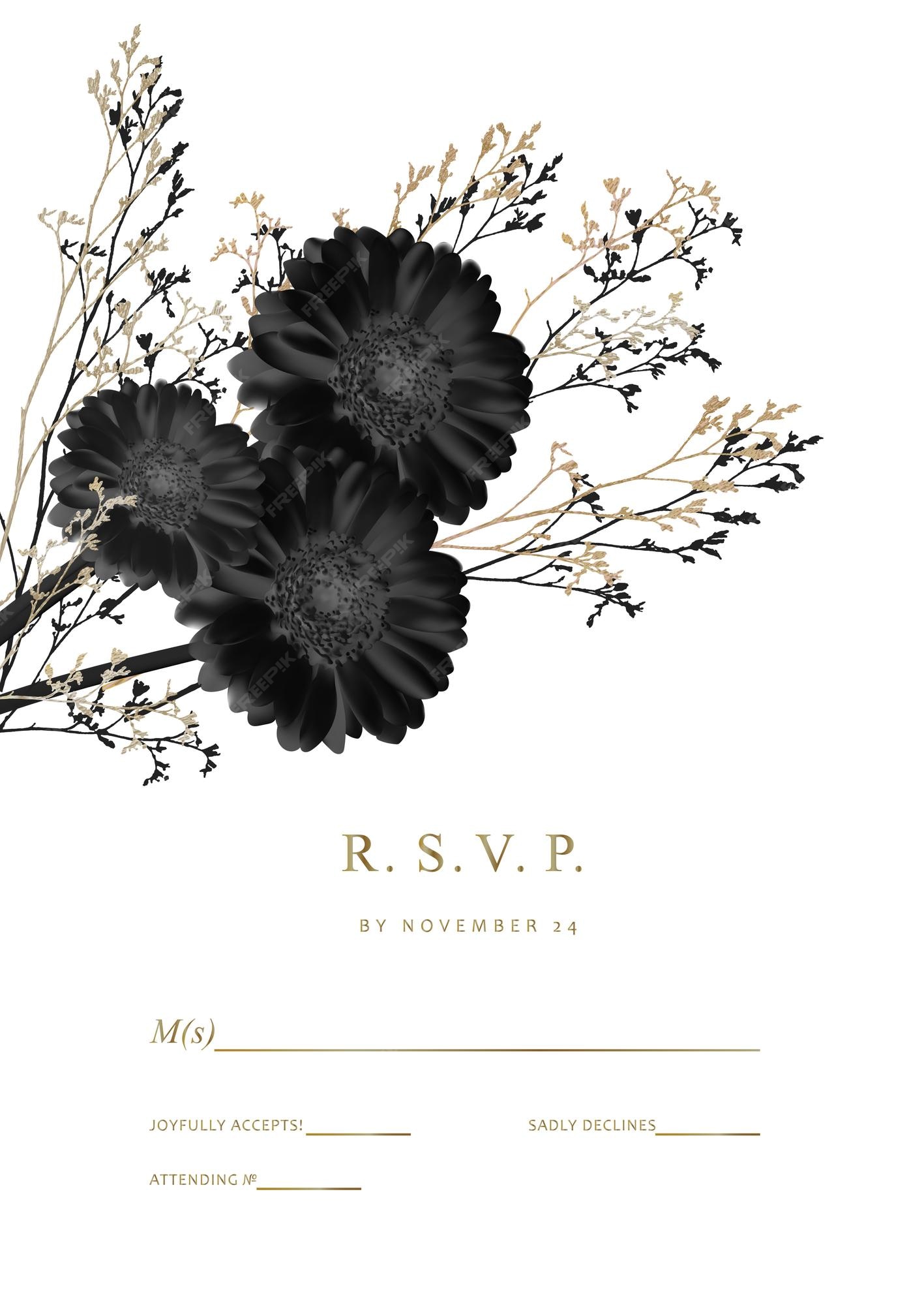 Boda o tarjeta de felicitación con flores oscuras y rama de planta de oro  gerbera flores negras vector | Vector Premium