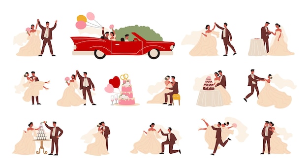 Boda pareja matrimonio novia novio conjunto de personajes humanos aislados en disfraces con coche y globos ilustración vectorial