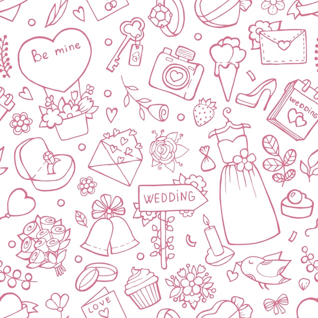 Boda de patrones sin fisuras. fondo con símbolos de boda. fondo amor matrimonio, ramo y corazón ilustración