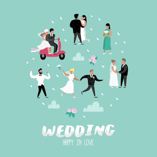 Vector boda personas dibujos animados personajes de novios