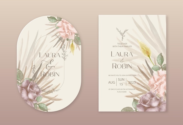 Boda seca lunaria rosa pampas hierba Acuarela flores secas hojas de palma invitación boho