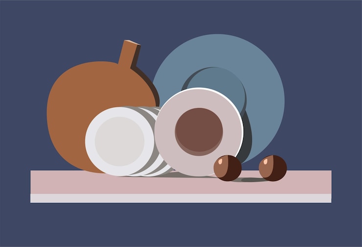 Vector bodegón de cocina de platos de diferentes tamaños y una tabla de cortar.