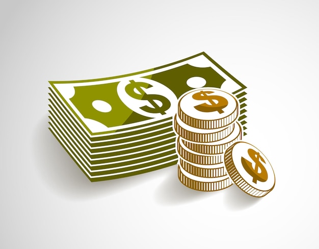 Bodegón de dinero en efectivo con monedas y pila de billetes en dólares, ilustración vectorial de estilo clásico.