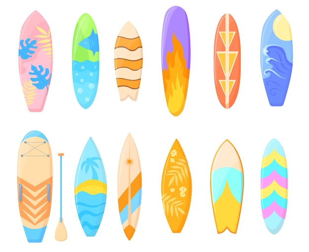 Tabla de surf de dibujos animados con diseño de verano y patrón étnico tabla  de surf con estampado de hojas tropicales llama y relámpagos conjunto de  vectores de tablas de surf actividad