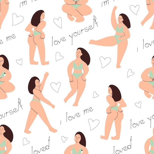 Bodypositive girls seamless pattern un modelo curvilíneo muestra su ilustración de vector de cuerpo