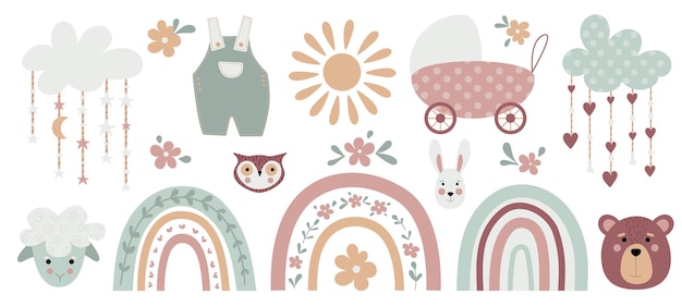Boho bebé arco iris clipart Boho animales de color arcoíris y elementos de bebé para su proyecto