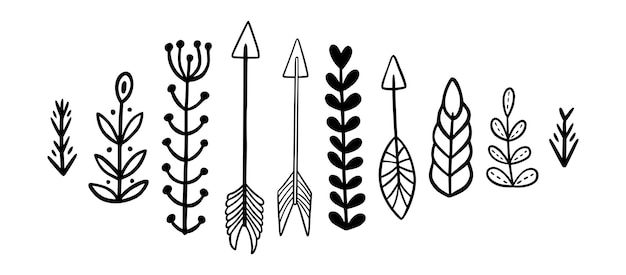 Boho Floral Arrow Branch Silhouette Set Ornamento tribal dibujado a mano en estilo Linocut Icono de hoja de flecha bohemia azteca para logotipo póster camiseta impresión ilustración vectorial aislada en fondo blanco