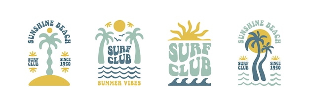 Boho groovy palm tree beach sun sea Surf club vacation and sunny summer day aesthetic Vector illustration background in trendy retro naive simple style Pastel yellow blue braun colors
