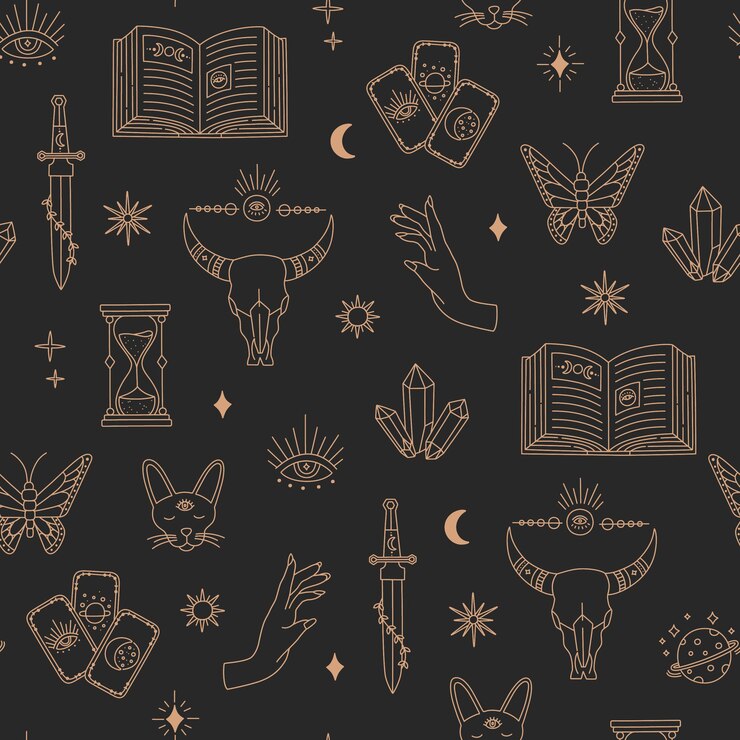 Vector boho mágico de patrones sin fisuras, objetos de brujería luna, ojos, manos, sol, línea simple de oro, símbolos místicos bohemios y elementos sobre fondo negro. ilustración de vector de moda moderna en estilo doodle