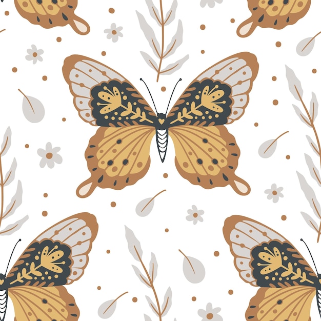 Boho mariposa de patrones sin fisuras sobre un fondo blanco