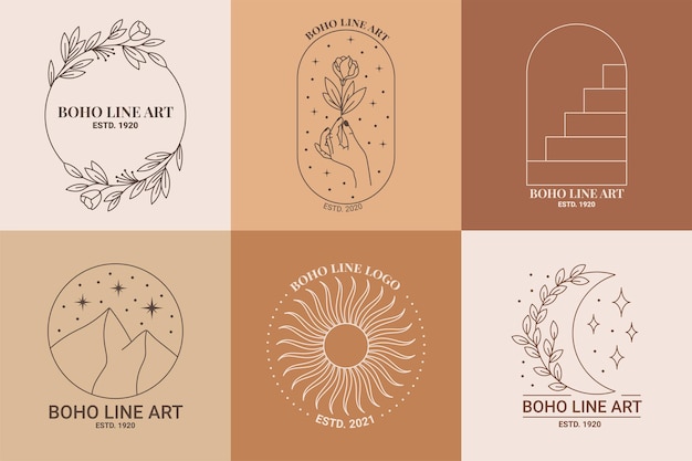 Boho mystic doodle esoteric logo set Icono de arte de línea mágica con llave de polilla sol cactus luna