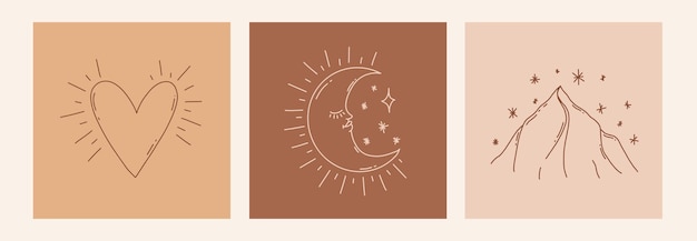 Boho mystic doodle esoteric set Cartel de arte de línea mágica con luna montaña corazón Bohemia ilustración moderna
