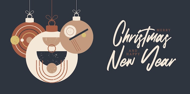Boho tarjeta de felicitación de bola de Navidad y año nuevo. tarjetas de felicitación de Bohemia retro Ilustración vectorial con adorno navideño colgante en estilo de dibujos animados plana. Banner de venta o descuento con bola de navidad