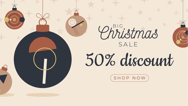 Boho tarjeta de felicitación de bola de Navidad y año nuevo. tarjetas de felicitación de Bohemia retro Ilustración vectorial con adorno navideño colgante en estilo de dibujos animados plana. Banner de venta o descuento con bola de navidad