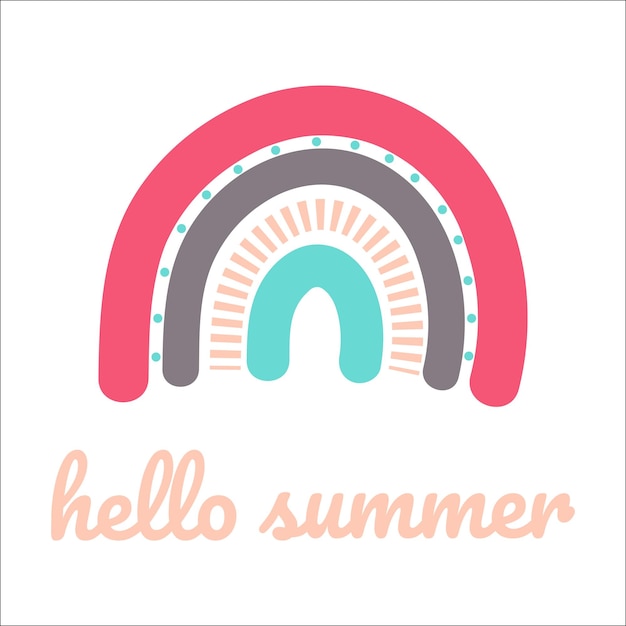 Boho Vacaciones de verano y deportes acuáticos en la playa Tarjeta con letras modernas hola verano Diseño mínimo de etiquetas para pancartas, carteles, volantes, ilustración vectorial