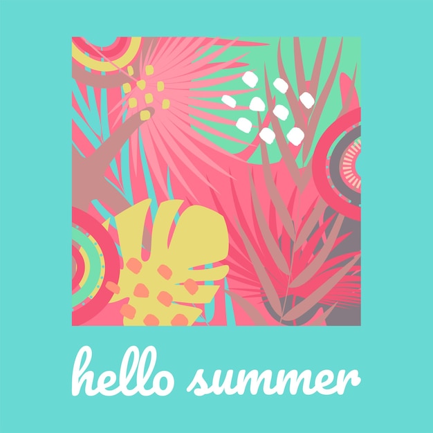 Boho Vacaciones de verano y deportes acuáticos en la playa Tarjeta con letras modernas hola verano Diseño mínimo de etiquetas para pancartas, carteles, volantes, ilustración vectorial