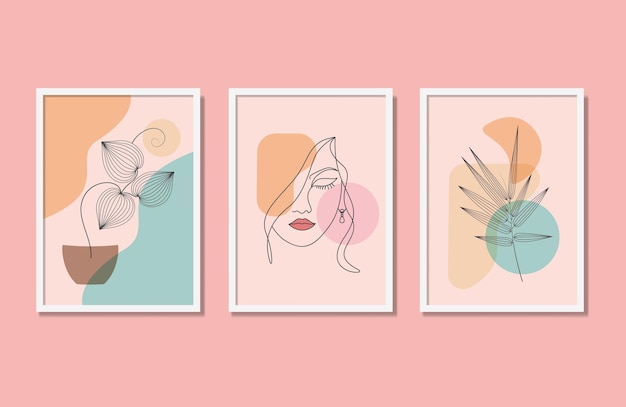 Boho Wall Art Print Dibujo lineal Hojas y mujer Póster
