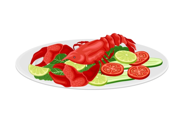 Vector boiled lobster with sliced vegetables and lime as seafood dish vector illustration