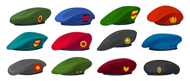 Boina militar aislado icono de conjunto de dibujos animados. gorra del ejército de ilustración.