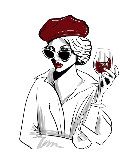 Vector boina roja con copa de vino