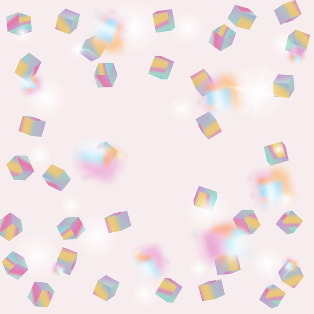 Bokeh cuadrado vectorial. Fondo iridescente. Holo Confetti. Particulas de cubo holográfico aisladas. Tarjeta de aniversario geométrico. tarjeta de cumpleaños con textura metálica. telón de fondo de confeti caótico. borde de lámina.
