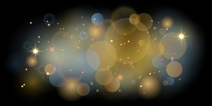 Vector bokeh dorado y azul en fondo negro aislado abstracto brillo dorado brillante brilla elemento bokeh