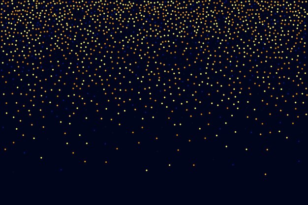 Bokeh redondo vectorial. Fondo irisado abstracto. Tarjeta de cumpleaños fluida. Confeti dorado en negro. Partículas aisladas de polvo dorado. Fondo de novia al azar. Frontera de papel de aluminio. Fondo de aniversario geométrico.