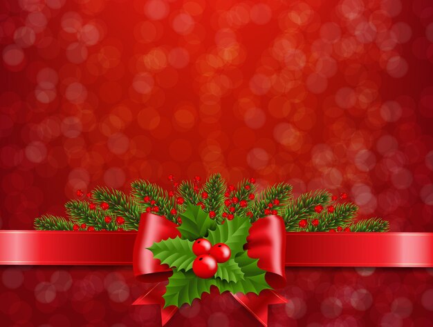 Bokeh rojo navideño con cinta roja Holly Berry