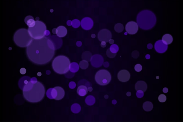 Vector bokeh set multiple blurred circles randomly distributed with soft focus depth created by overlapping transparent layers on dark background