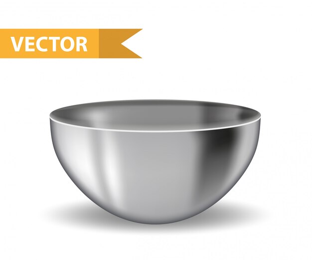 Bol de acero realista. Plato hondo de hierro. Utensilios para cocinas comerciales y domésticas. sobre fondo blanco ilustración.