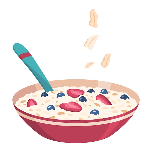 Bol de icono de avena para el desayuno con frutas y bayas en leche Concepto de comida de nutrición saludable Ilustración vectorial aislada en fondo blanco