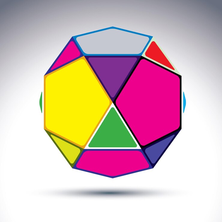 Vector bola 3d complicada abstracta con efecto de joyas. esfera brillante construida con deslumbrantes elementos geométricos: rectángulos, triángulos y pentágonos.