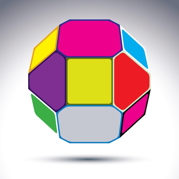 Vector bola 3d complicada abstracta con efecto de joyas. esfera brillante construida con deslumbrantes elementos geométricos: rectángulos, triángulos y pentágonos.