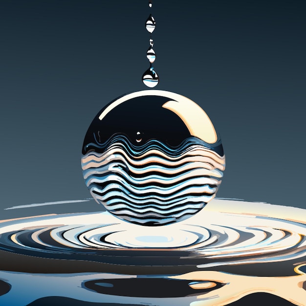 Vector bola de agua suspendida en el aire ondula y salpica en la superficie con brillante radiante crujiente