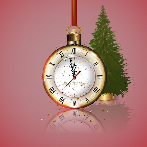 Vector bola de año nuevo y navidad con reloj y decoración de árbol de navidad con lentejuelas