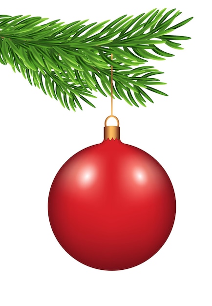 Bola de árbol de Navidad roja colgando de una rama de abeto verde Sobre un fondo transparente Plantilla para elemento de diseño de texto espacio de copia postal diseño de portada de redes sociales Año Nuevo y Navidad