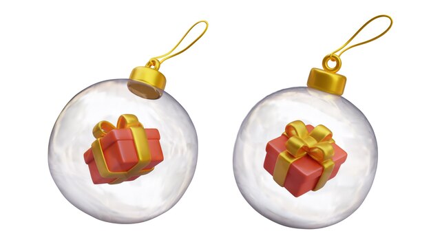 Bola de árbol de Navidad transparente con caja de regalo roja dentro de la sorpresa de Año Nuevo
