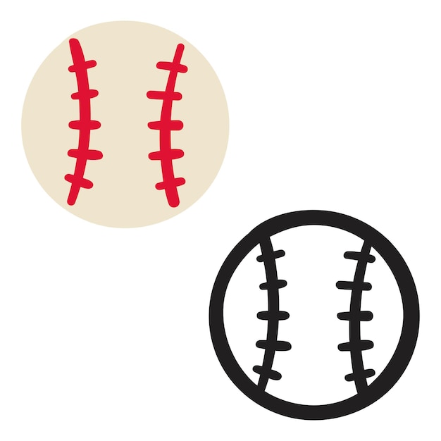 Bola de béisbol versión plana y contorno ilustraciones dibujadas a mano sobre fondo blanco