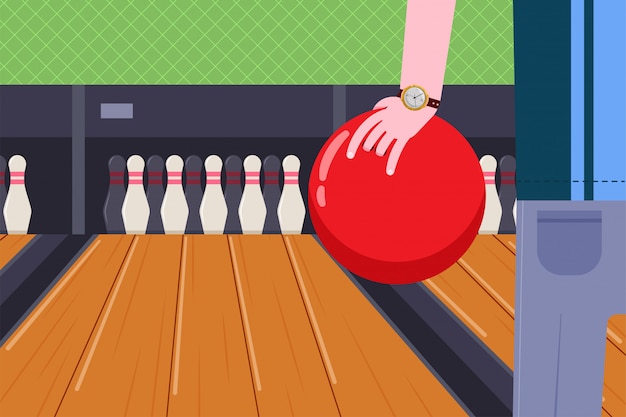 Bola de boliche en la mano de un hombre en el club de juego Ilustración de dibujos animados de vector.