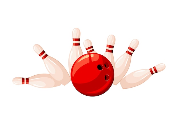 Bola de bolos con alfileres sobre un fondo blanco. Huelga.